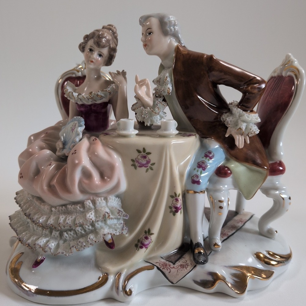 Vintage Porcelain Courting Couple Tea Time Figurine Gold Gilt Lace Detail